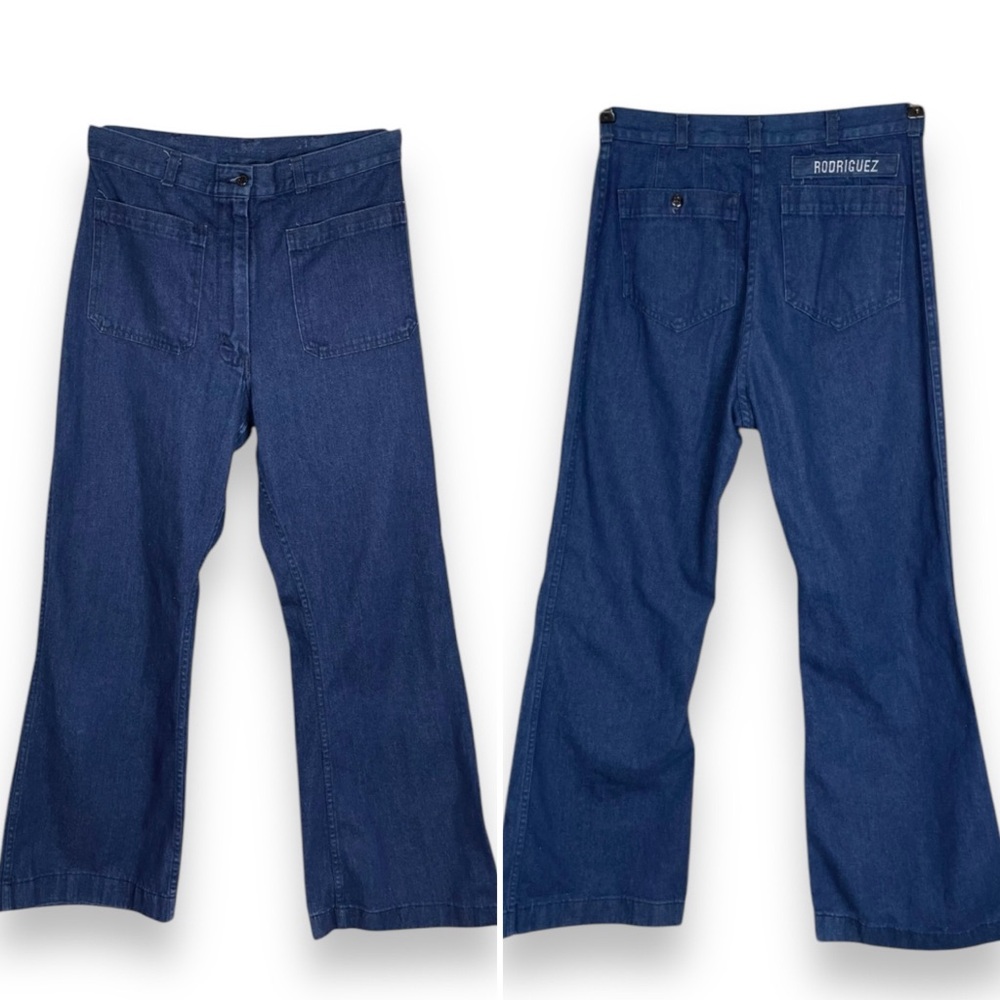 Vintage Military Pants Women Trousers Flared Leg Navy Blue High-Rise Jeans